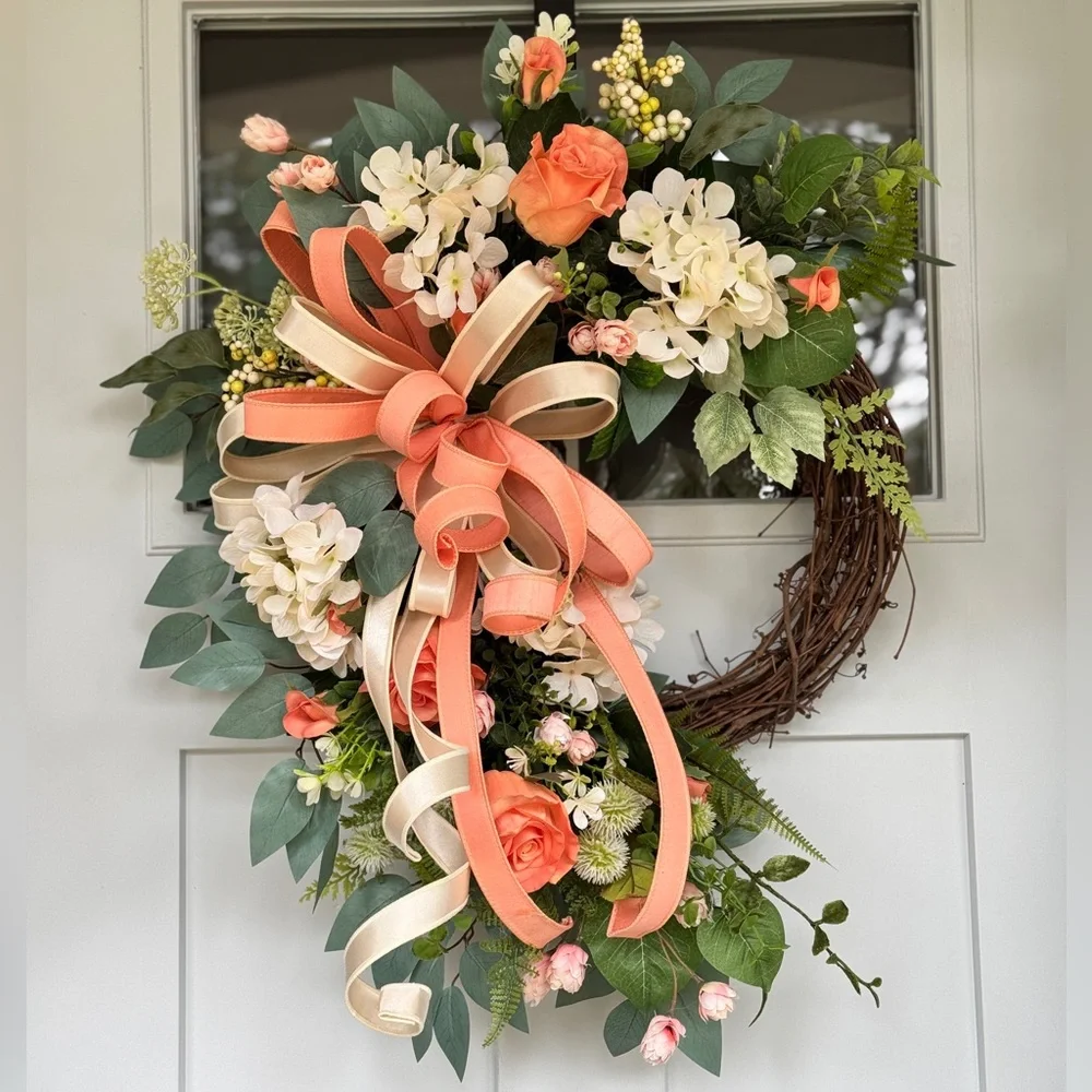 Peach Roses and Cream Hydrangeas Wreath